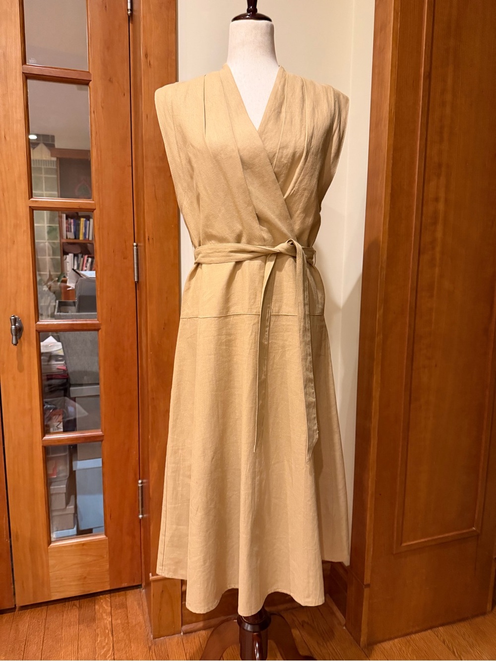 DKNY Sleeveless Linen Wrap Midi Dress in Beige
